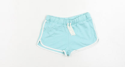 Marks and Spencer Girls Blue Cotton Sweat Shorts Size 6-7 Years Regular Drawstring - Contrasting Trim