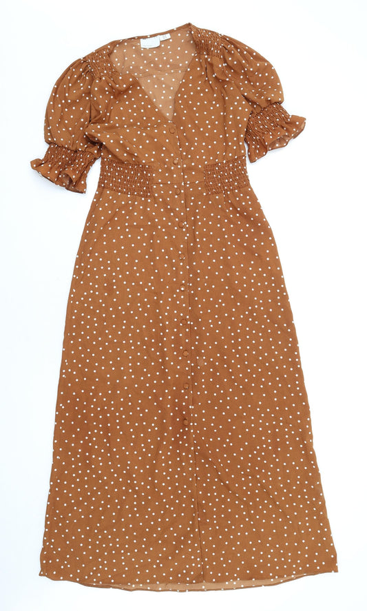 ASOS Womens Brown Polka Dot Polyester A-Line Size 8 V-Neck Button