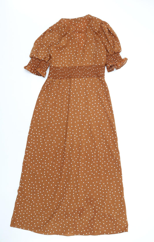 ASOS Womens Brown Polka Dot Polyester A-Line Size 8 V-Neck Button