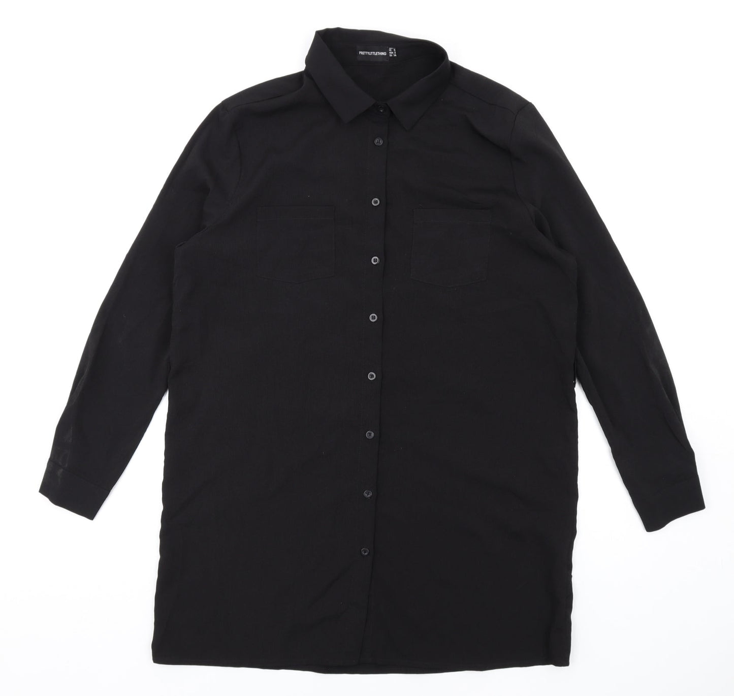 PRETTYLITTLETHING Womens Black Polyester Shirt Dress Size 6 Collared Button