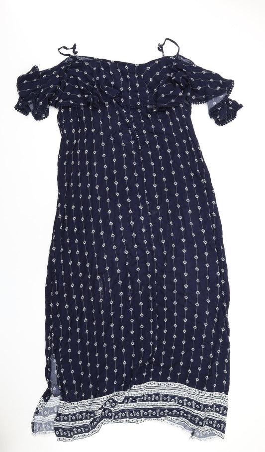 Debenhams Womens Blue Geometric Viscose A-Line Size 18 Off the Shoulder Pullover