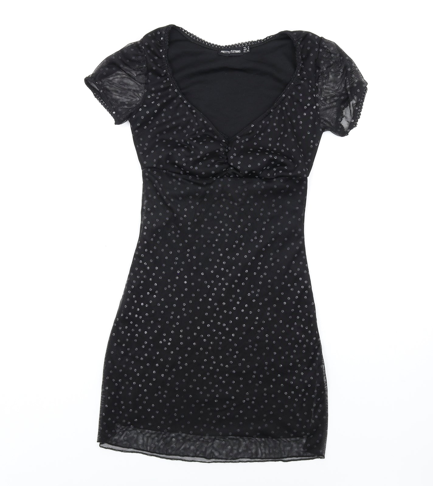 PRETTYLITTLETHING Womens Black Polka Dot Polyester Bodycon Size 4 V-Neck Pullover