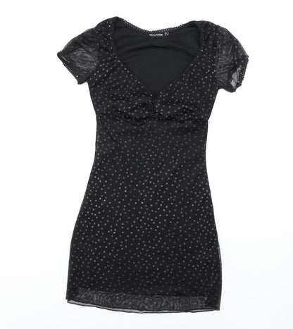 PRETTYLITTLETHING Womens Black Polka Dot Polyester Bodycon Size 4 V-Neck Pullover