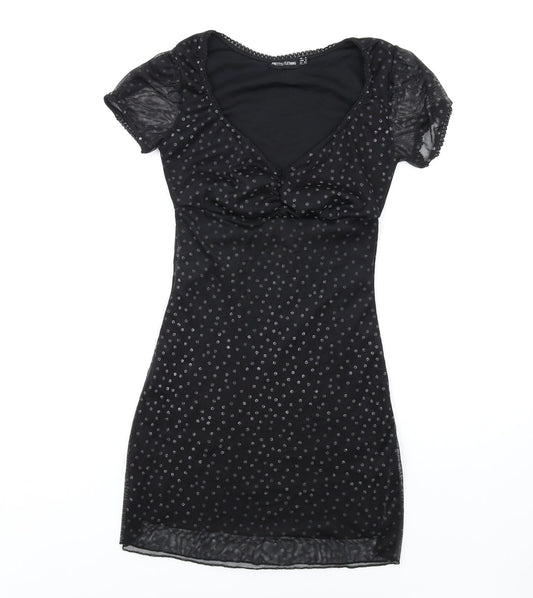 PRETTYLITTLETHING Womens Black Polka Dot Polyester Bodycon Size 4 V-Neck Pullover