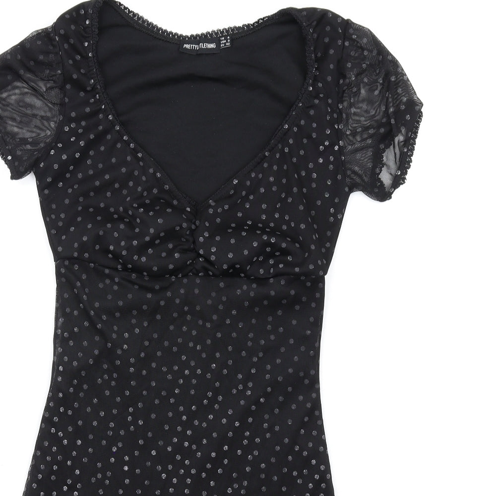 PRETTYLITTLETHING Womens Black Polka Dot Polyester Bodycon Size 4 V-Neck Pullover