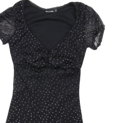 PRETTYLITTLETHING Womens Black Polka Dot Polyester Bodycon Size 4 V-Neck Pullover