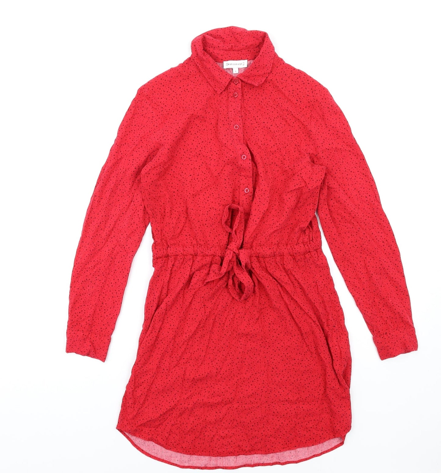 Warehouse Womens Red Geometric Viscose Shirt Dress Size 8 Collared Button
