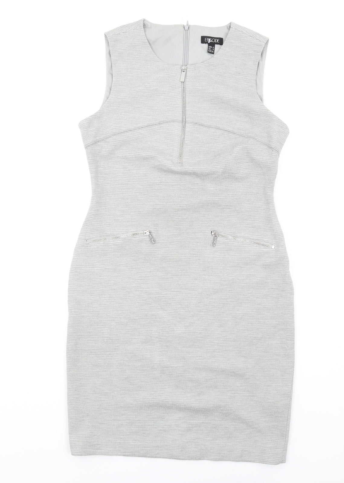 Episode Womens Grey Polyester Pencil Dress Size 8 Round Neck Zip