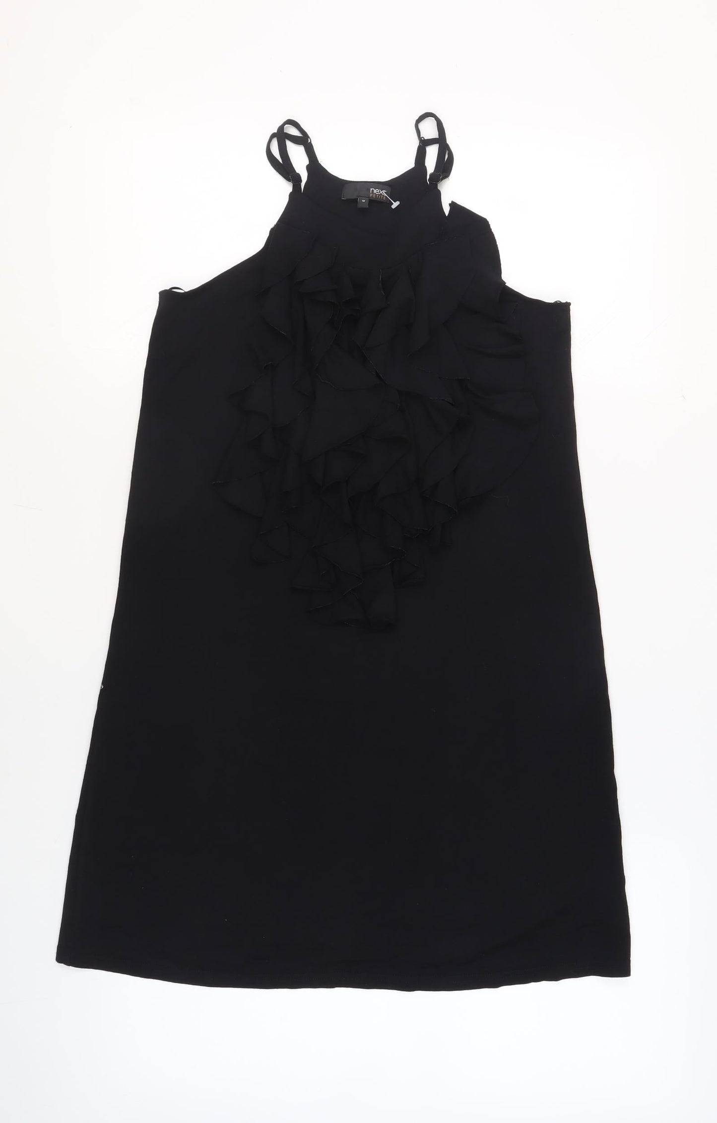 NEXT Womens Black Viscose Tank Dress Size 10 Round Neck Pullover - Frills Adjustable Straps