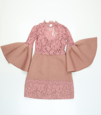 ASOS Womens Pink Polyester Shift Size 8 V-Neck Zip - Lace Detail Open Back