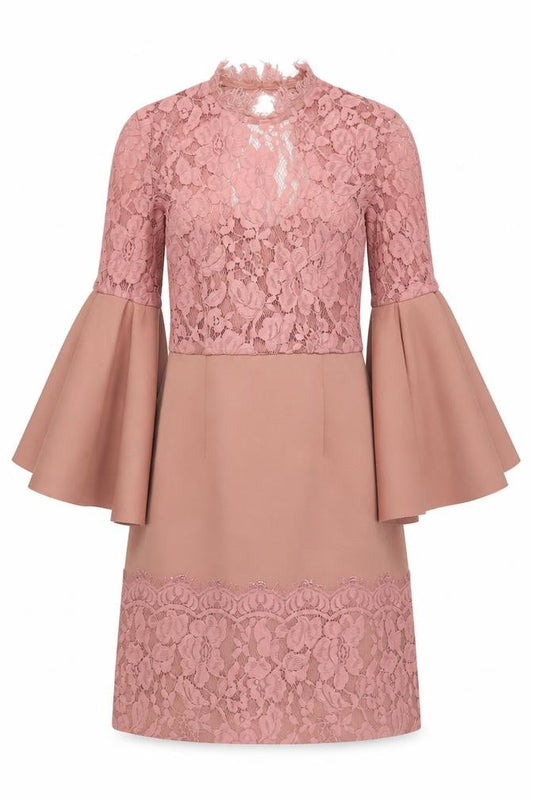 Front view of ASOS women’s pink polyester shift, size UK 8, v-neck zip - lace detail open back