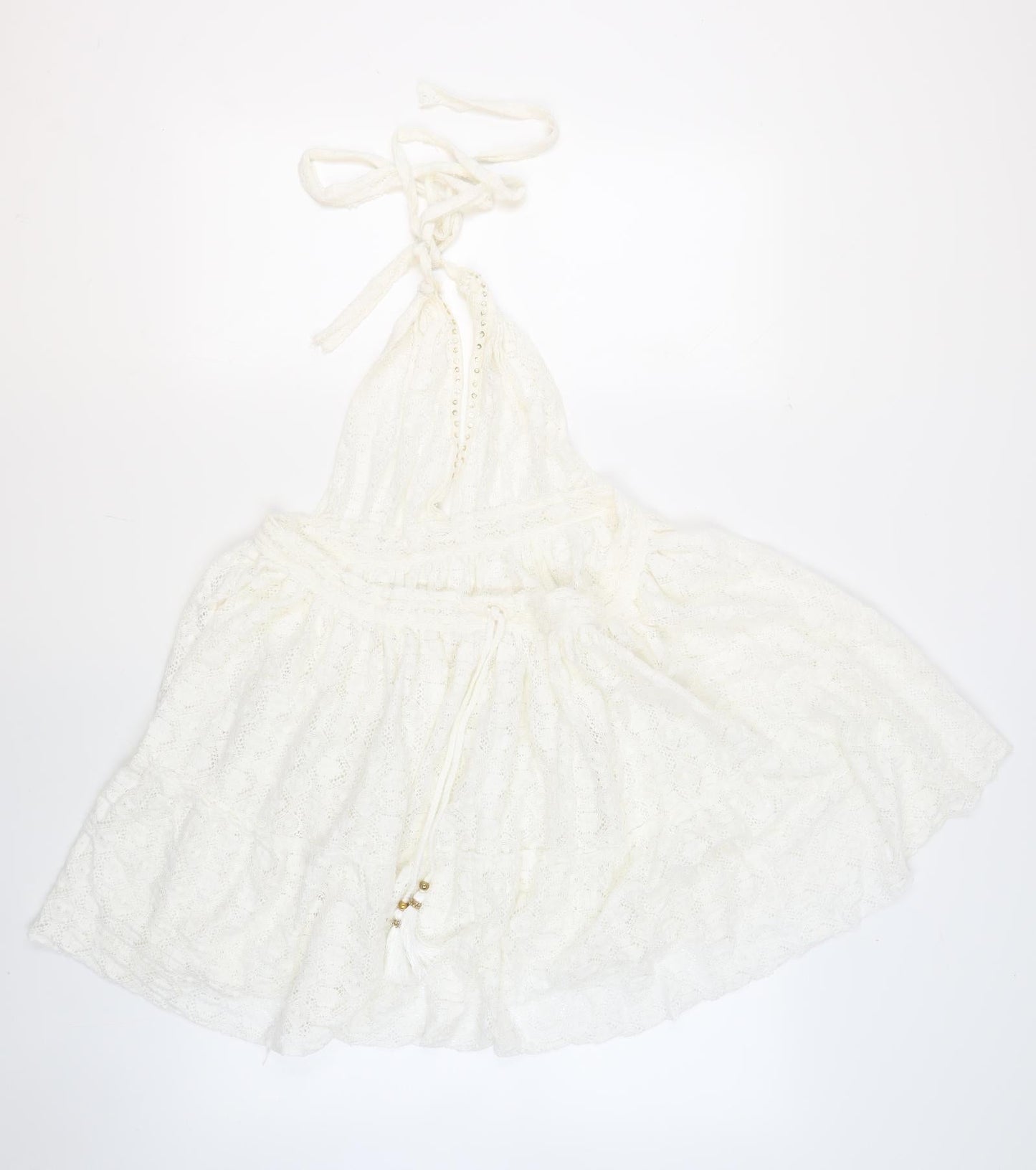 YANGZOM Womens White 100% Cotton Cover Up One Size - Lace Beaded Tasseled