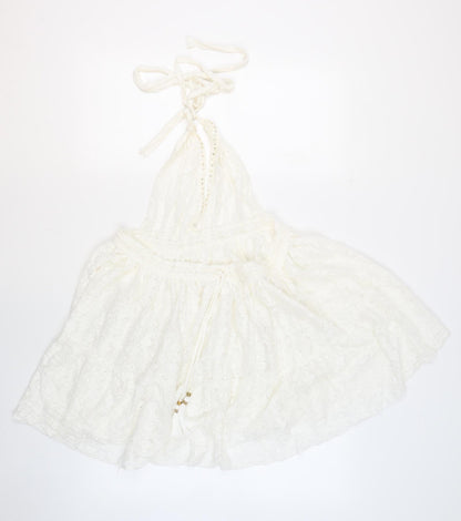 YANGZOM Womens White 100% Cotton Cover Up One Size - Lace Beaded Tasseled