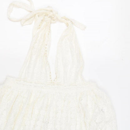 YANGZOM Womens White 100% Cotton Cover Up One Size - Lace Beaded Tasseled