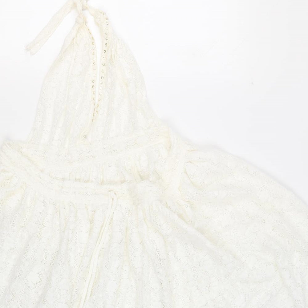 YANGZOM Womens White 100% Cotton Cover Up One Size - Lace Beaded Tasseled
