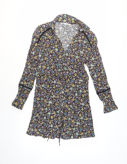 Zara Womens Black Floral Polyester A-Line Size M V-Neck Button