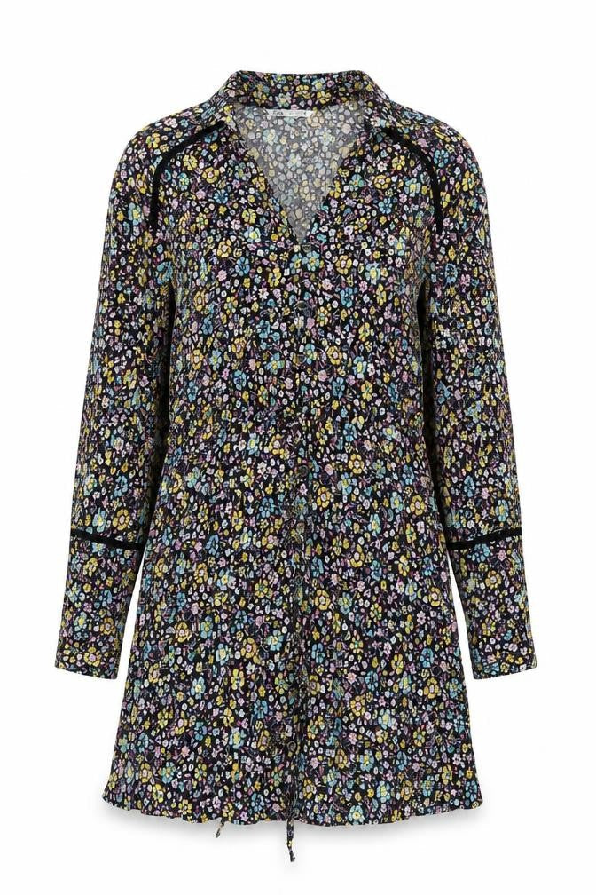 Zara Womens Black Floral Polyester A-Line Size M V-Neck Button