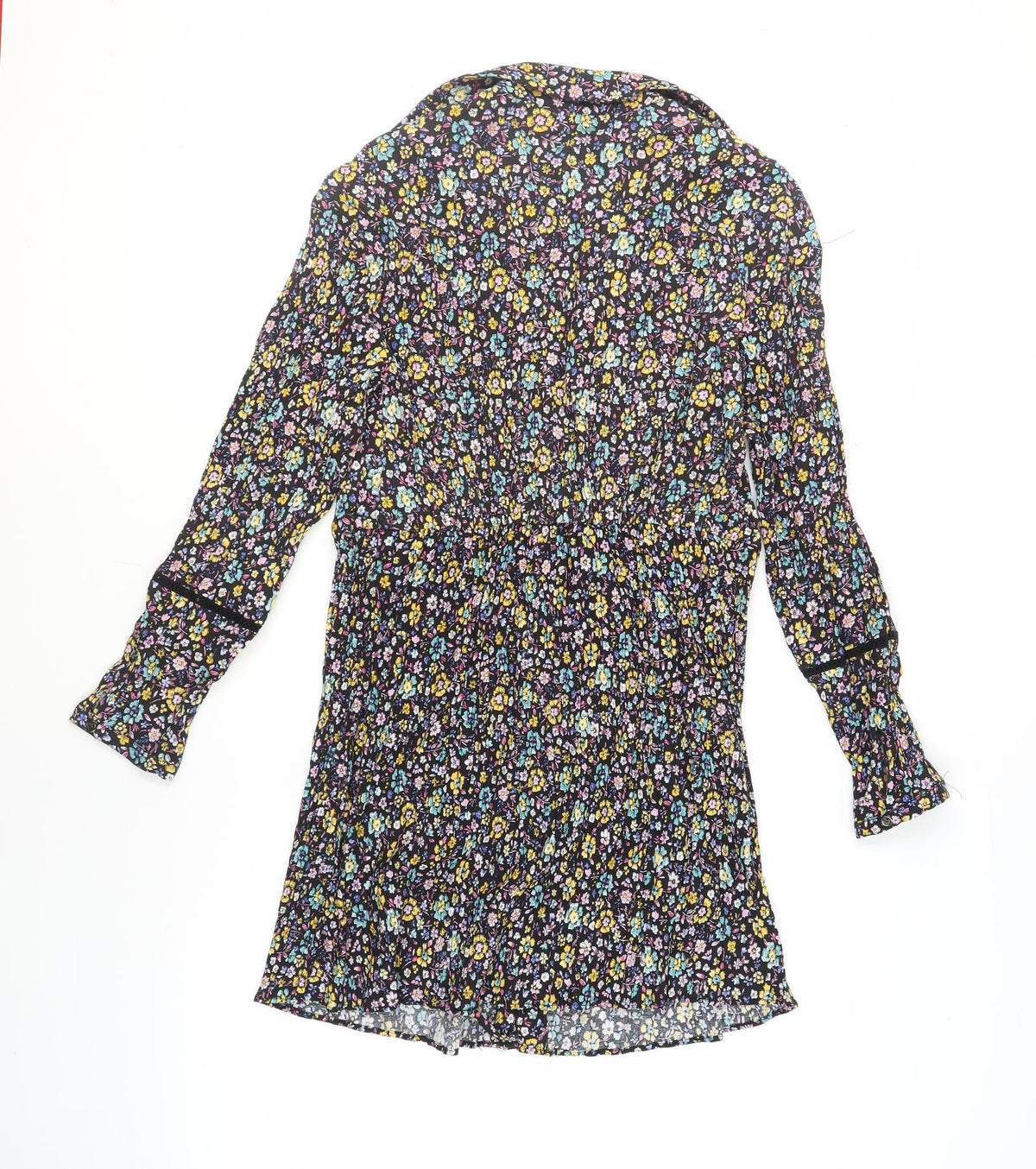 Zara Womens Black Floral Polyester A-Line Size M V-Neck Button