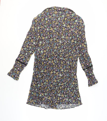 Zara Womens Black Floral Polyester A-Line Size M V-Neck Button