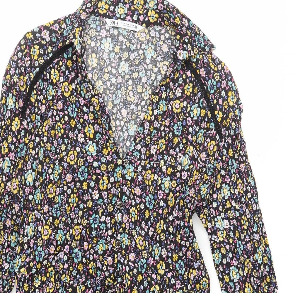 Zara Womens Black Floral Polyester A-Line Size M V-Neck Button
