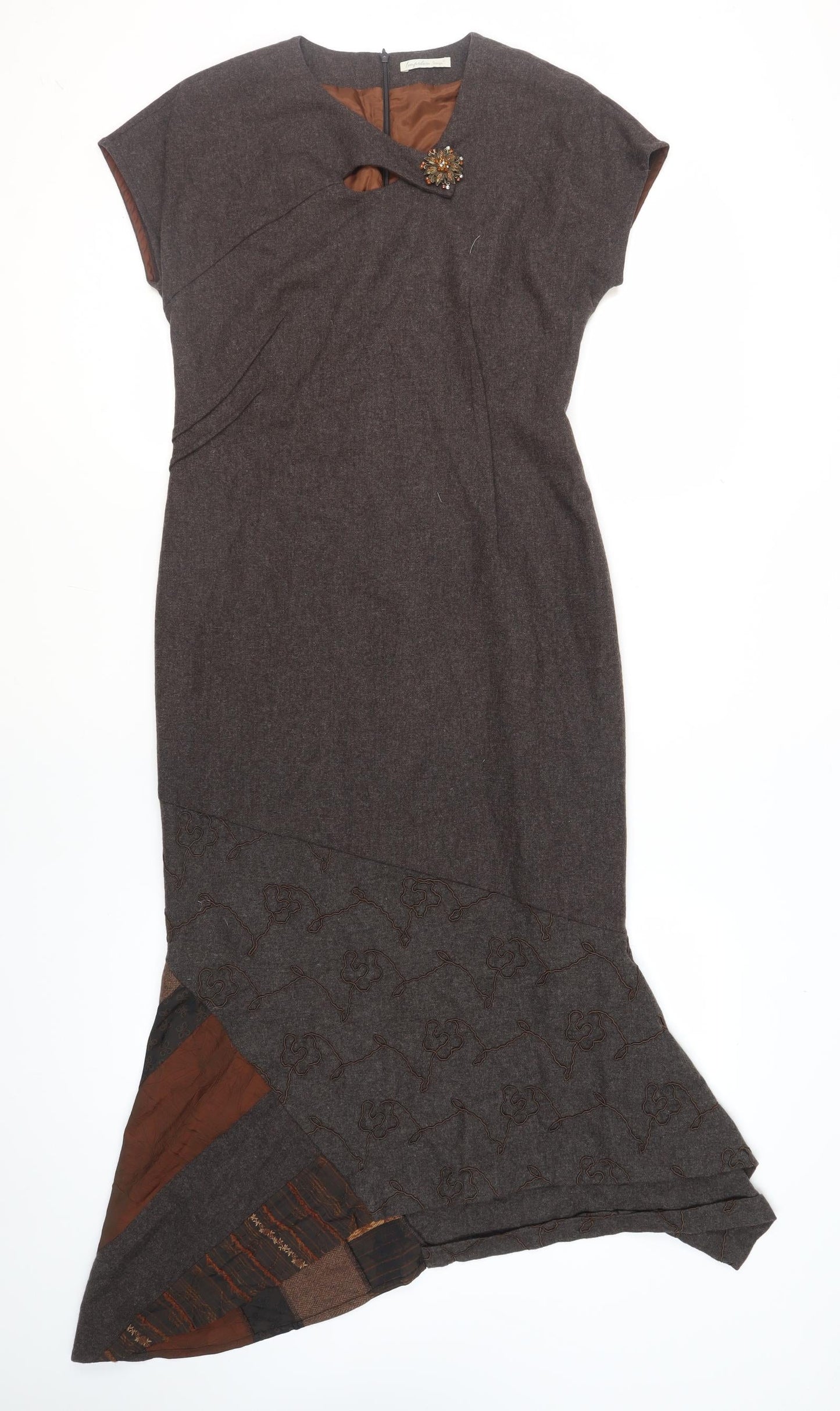 Imprern Design Womens Brown Polyester Shift Size 10 V-Neck Zip - Brooch Included Asymmetrical Hem