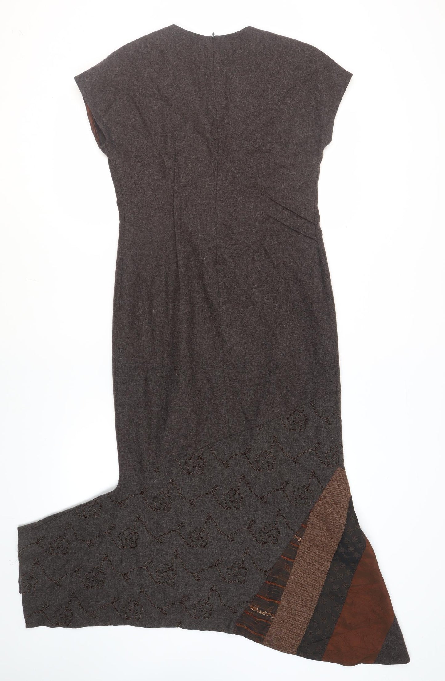 Imprern Design Womens Brown Polyester Shift Size 10 V-Neck Zip - Brooch Included Asymmetrical Hem