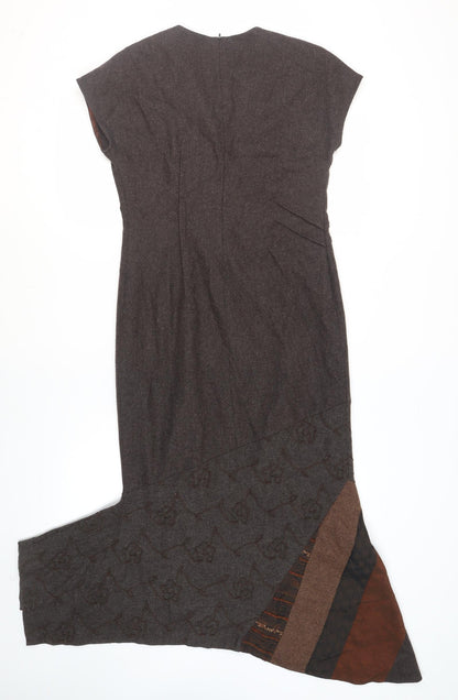 Imprern Design Womens Brown Polyester Shift Size 10 V-Neck Zip - Brooch Included Asymmetrical Hem