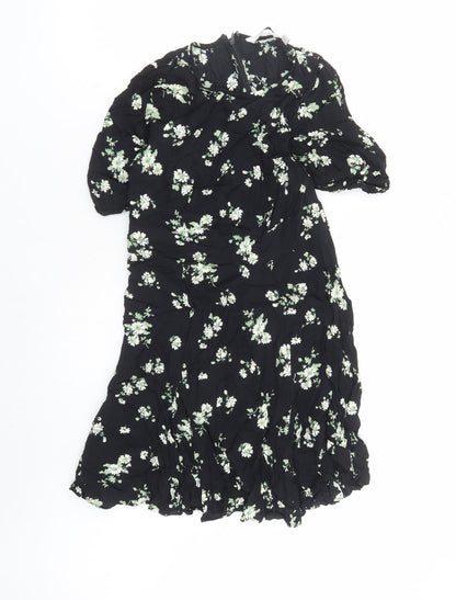 & Other Stories Womens Black Floral Viscose A-Line Size 8 Round Neck Zip