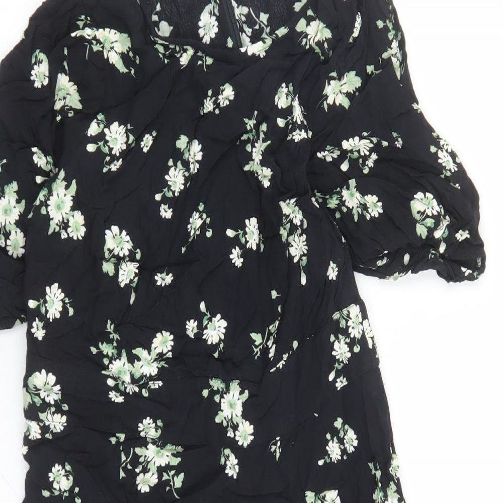 & Other Stories Womens Black Floral Viscose A-Line Size 8 Round Neck Zip