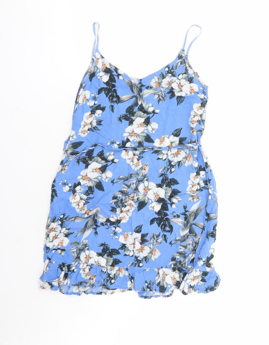 Oasis Womens Blue Floral Viscose Slip Dress Size XS V-Neck Pullover - Belted