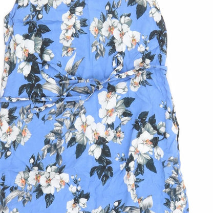 Oasis Womens Blue Floral Viscose Slip Dress Size XS V-Neck Pullover - Belted