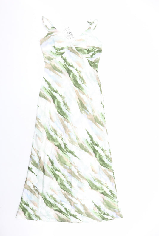 Quiz Womens Green Geometric Polyester Slip Dress Size 8 V-Neck Zip