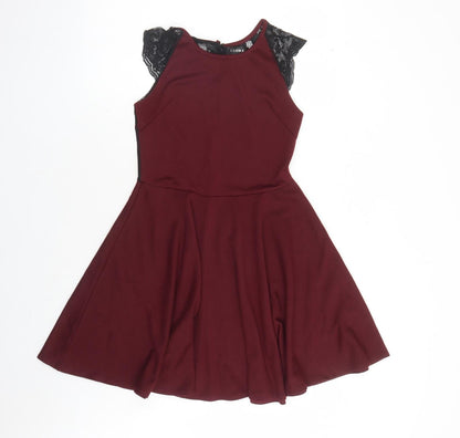 Club L Womens Red Polyester Skater Dress Size 10 Round Neck Button