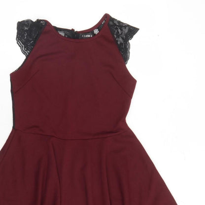 Club L Womens Red Polyester Skater Dress Size 10 Round Neck Button