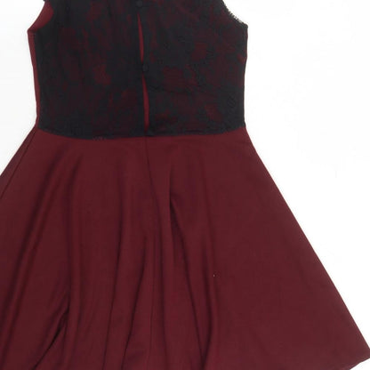 Club L Womens Red Polyester Skater Dress Size 10 Round Neck Button