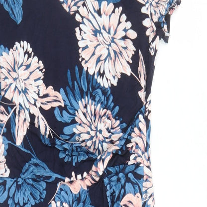 Roman Womens Blue Floral Viscose A-Line Size 10 V-Neck Pullover - Lined