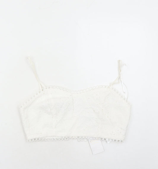 Quiz Womens White Cotton Cropped Tank Size 12 Square Neck - Embroidered Detail