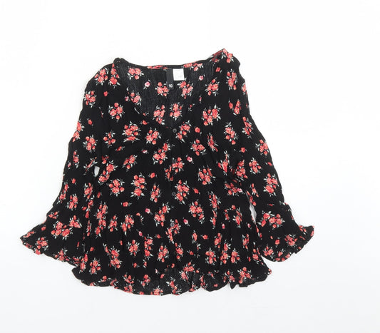 Divided by H&M Womens Black Floral Viscose Basic Button-Up Size 10 V-Neck