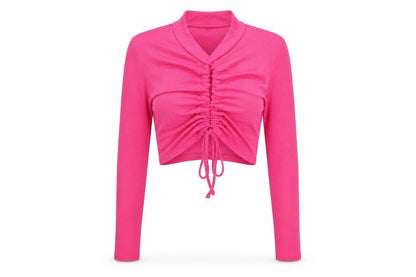 Pink Vanilla Womens Pink Polyester Cropped Blouse Size M Mock Neck - Keyhole Neck Drawstring