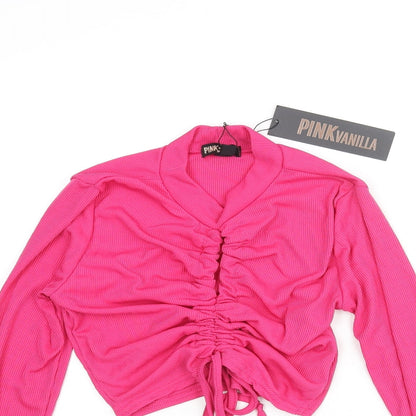 Pink Vanilla Womens Pink Polyester Cropped Blouse Size M Mock Neck - Keyhole Neck Drawstring
