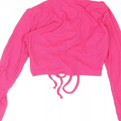Pink Vanilla Womens Pink Polyester Cropped Blouse Size M Mock Neck - Keyhole Neck Drawstring