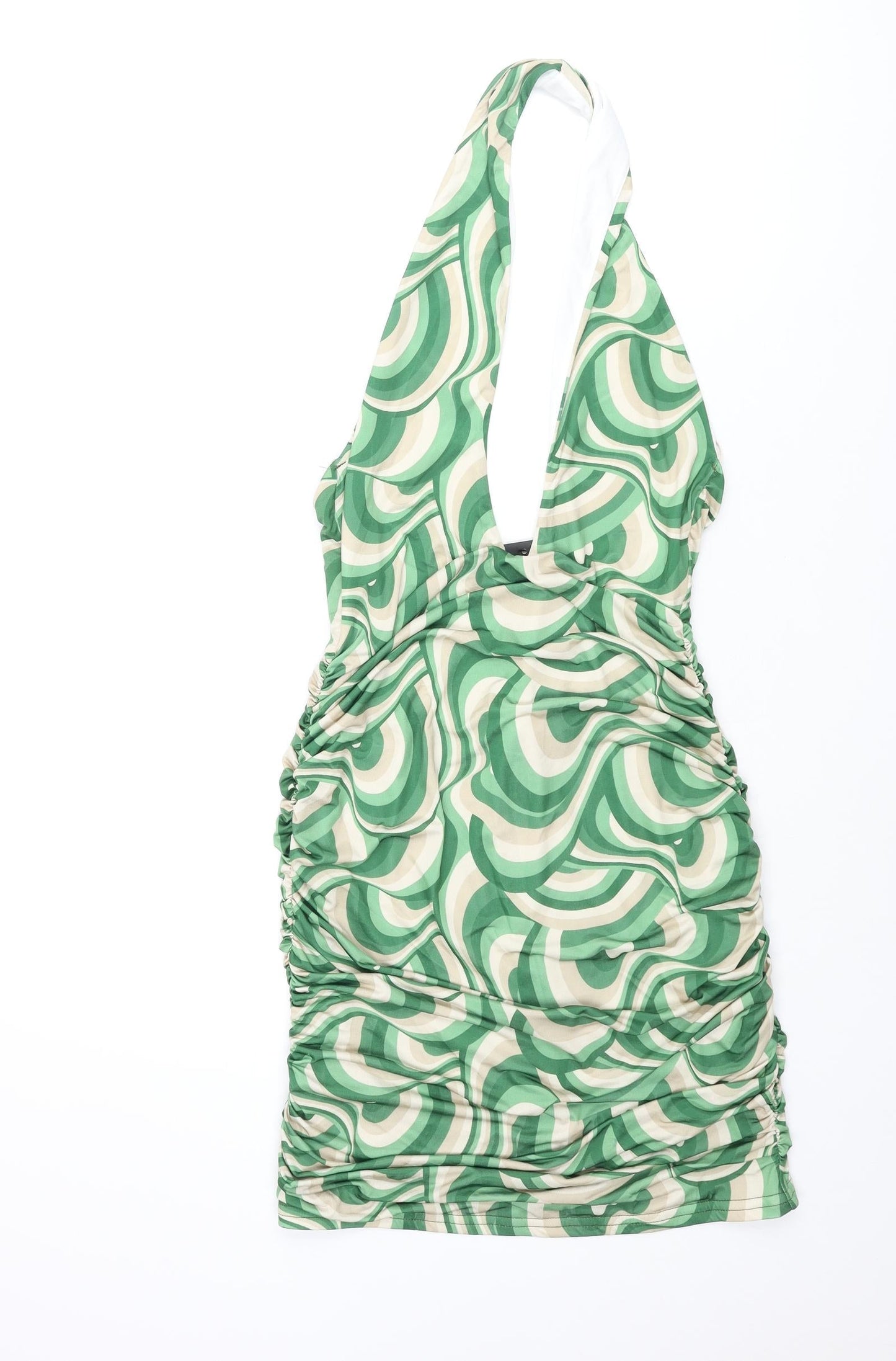 Pink Vanilla Womens Green Geometric Polyester Bodycon Size 10 Halter Pullover - Rouched