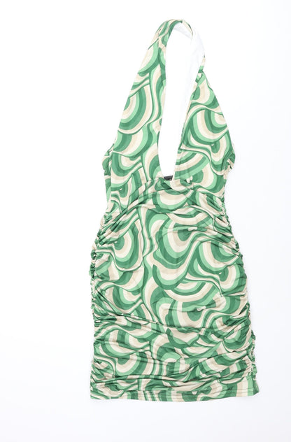 Pink Vanilla Womens Green Geometric Polyester Bodycon Size 10 Halter Pullover - Rouched