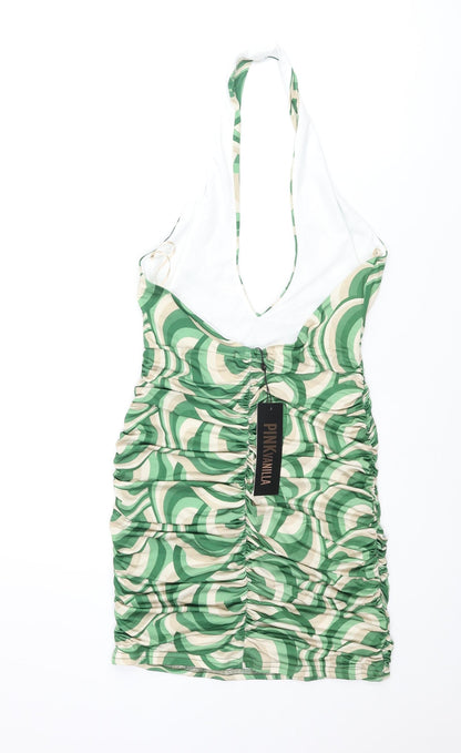 Pink Vanilla Womens Green Geometric Polyester Bodycon Size 10 Halter Pullover - Rouched