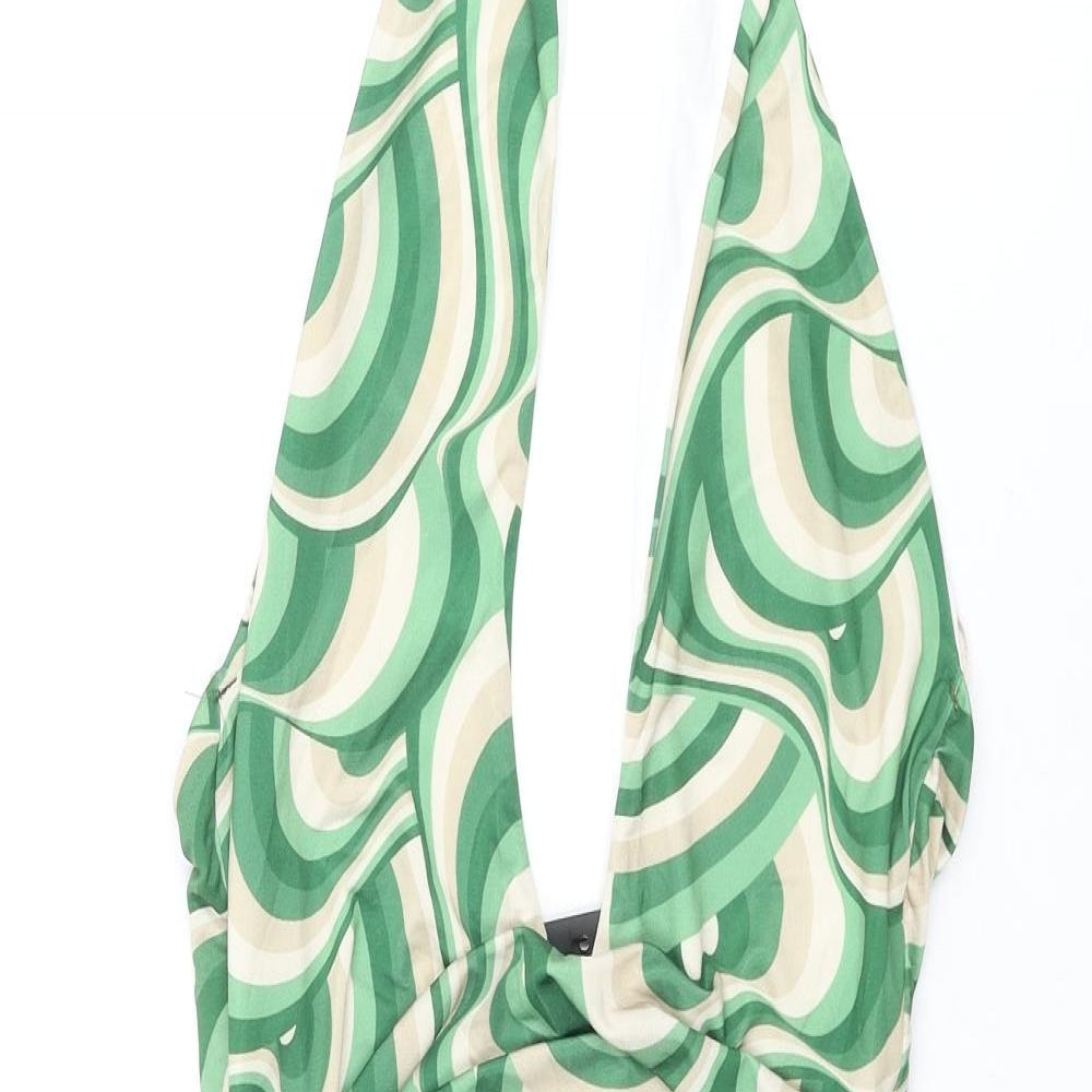 Pink Vanilla Womens Green Geometric Polyester Bodycon Size 10 Halter Pullover - Rouched