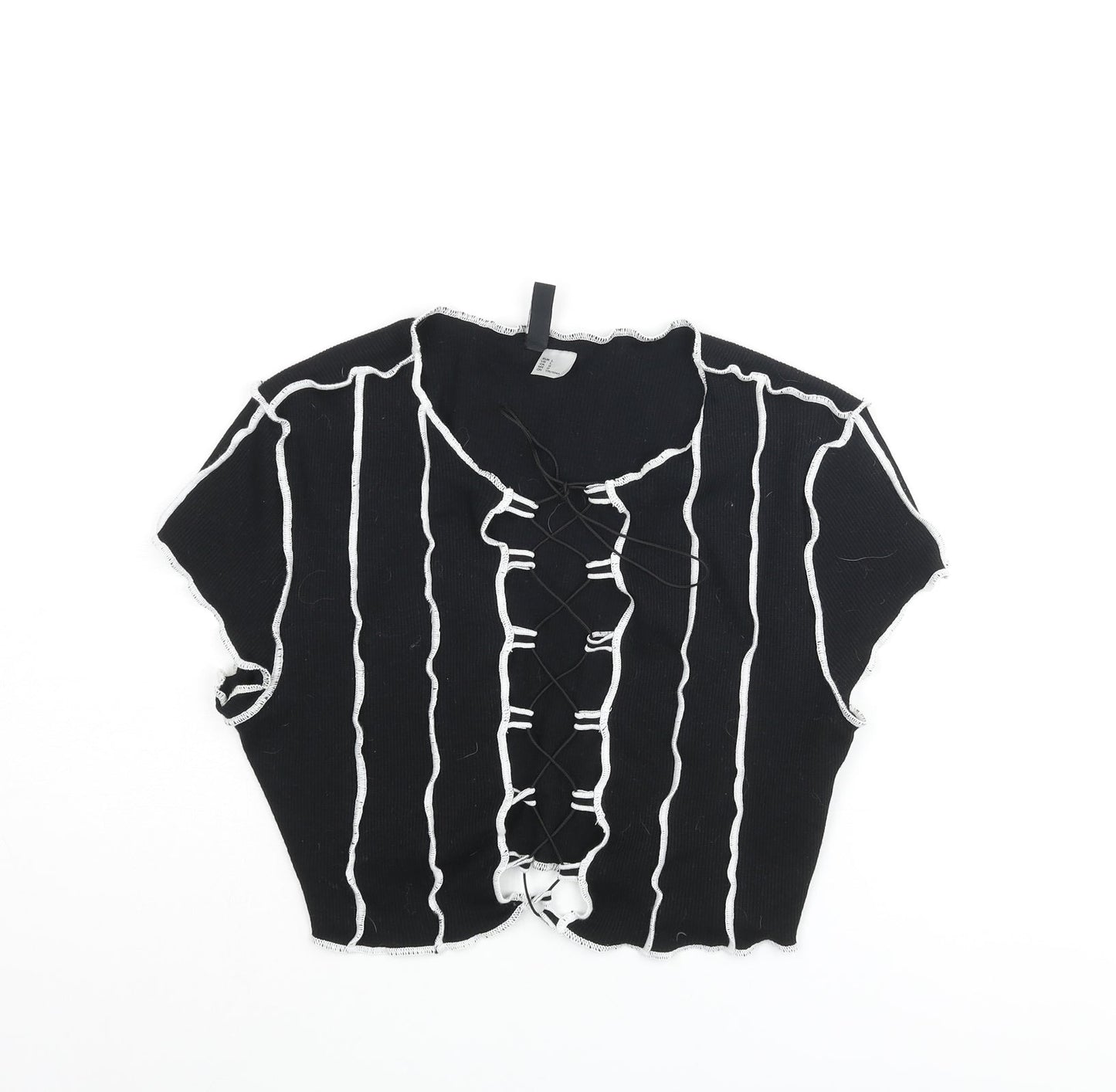 Divided by H&M Womens Black Cotton Cropped Blouse Size L V-Neck - Exposed Seam Detail