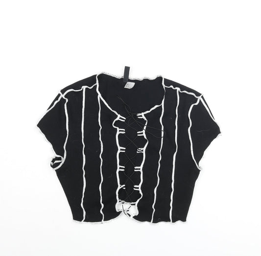 Divided by H&M Womens Black Cotton Cropped Blouse Size L V-Neck - Exposed Seam Detail