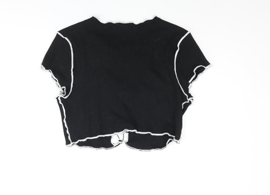 Divided by H&M Womens Black Cotton Cropped Blouse Size L V-Neck - Exposed Seam Detail