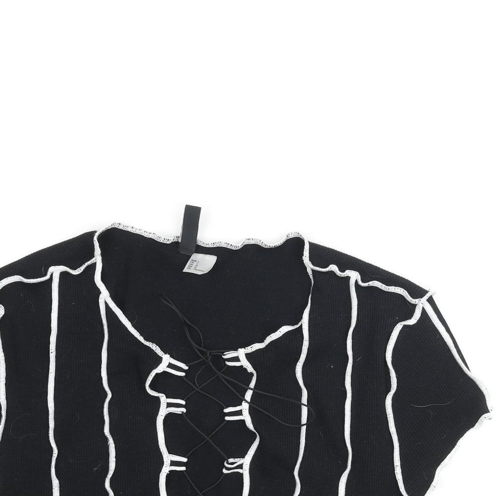 Divided by H&M Womens Black Cotton Cropped Blouse Size L V-Neck - Exposed Seam Detail