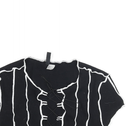 Divided by H&M Womens Black Cotton Cropped Blouse Size L V-Neck - Exposed Seam Detail